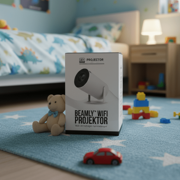Beamly smart mini projektor med fjernbetjening og emballage