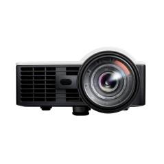 Kompakt hvid Optoma ML1050STI projektor set skråt forfra